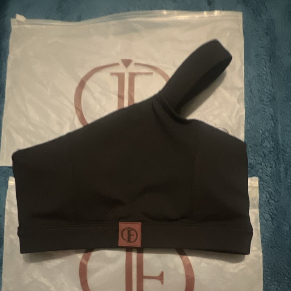 Delish Fetish Black Asymmetric One Shoulder Sports Bra Logo Accent Size S